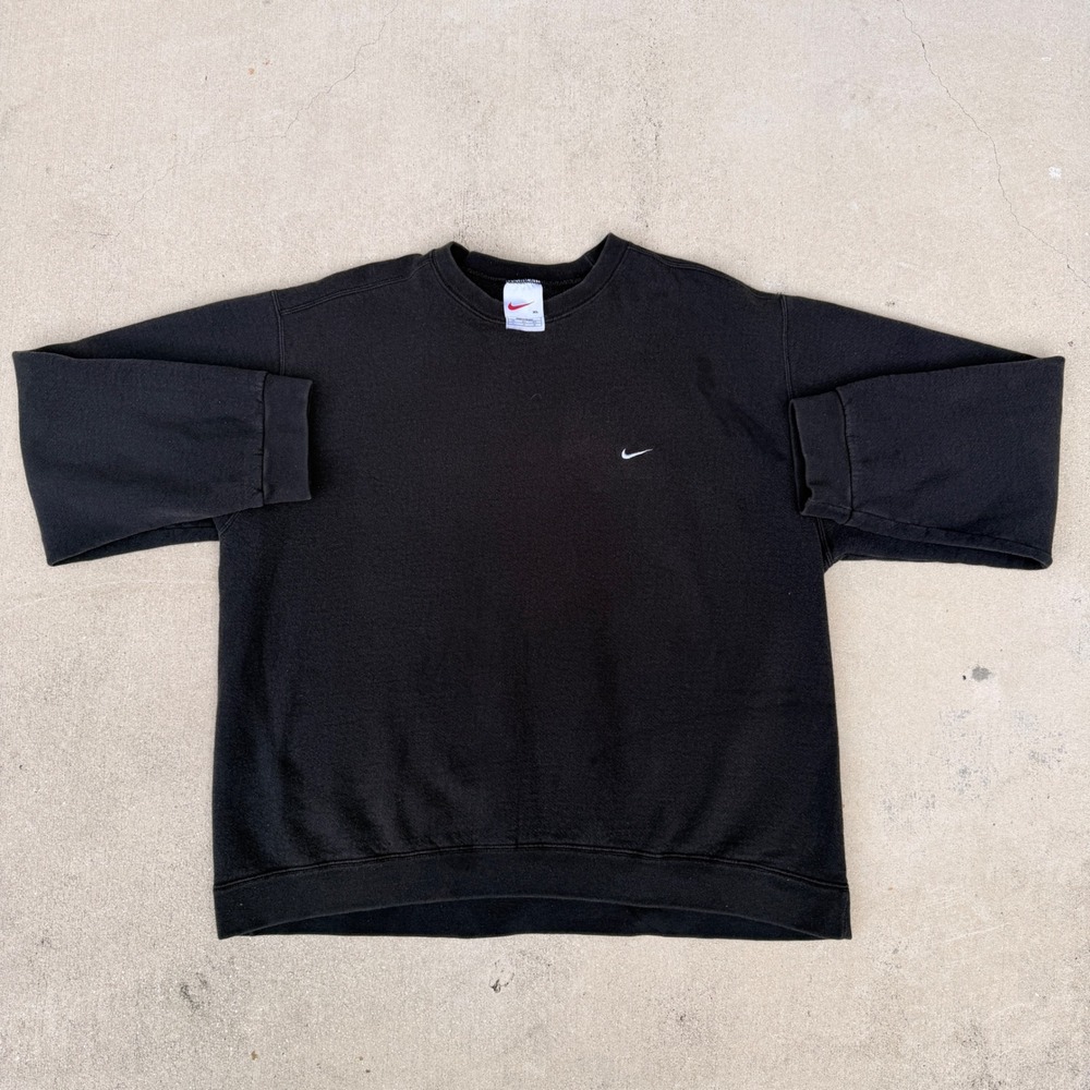 90s Nike Crewneck Sweater Mens XL Black Cotton Blend Embroidered Swoosh Fade